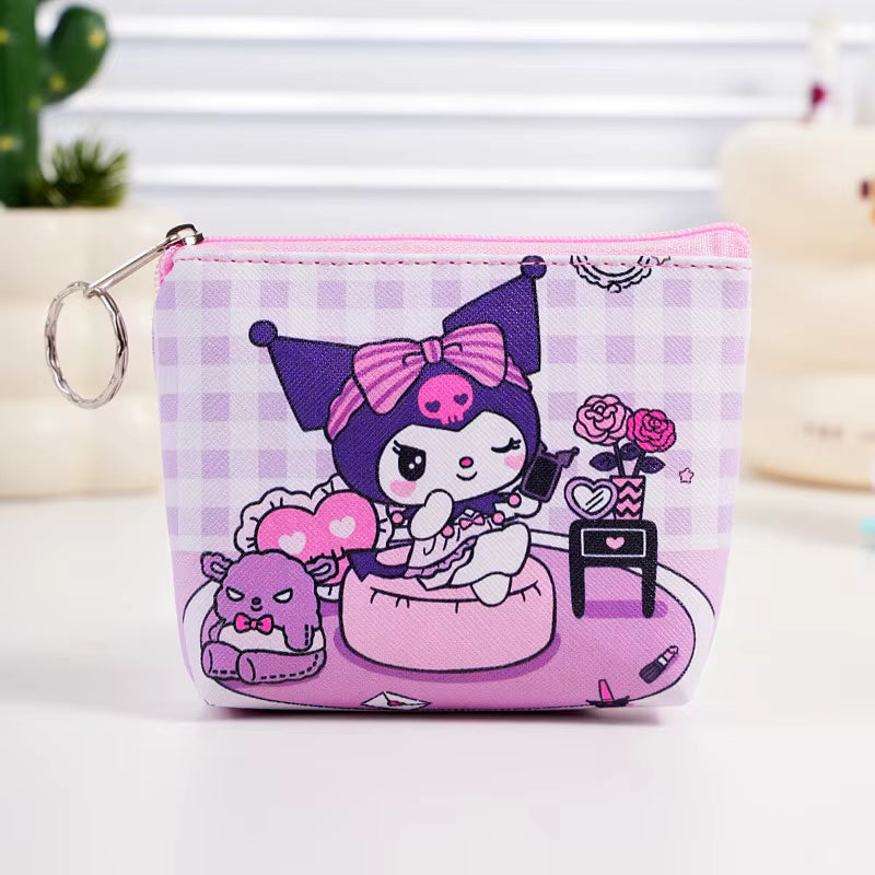 Purple Gingam Flowers Keychain Coin Purse