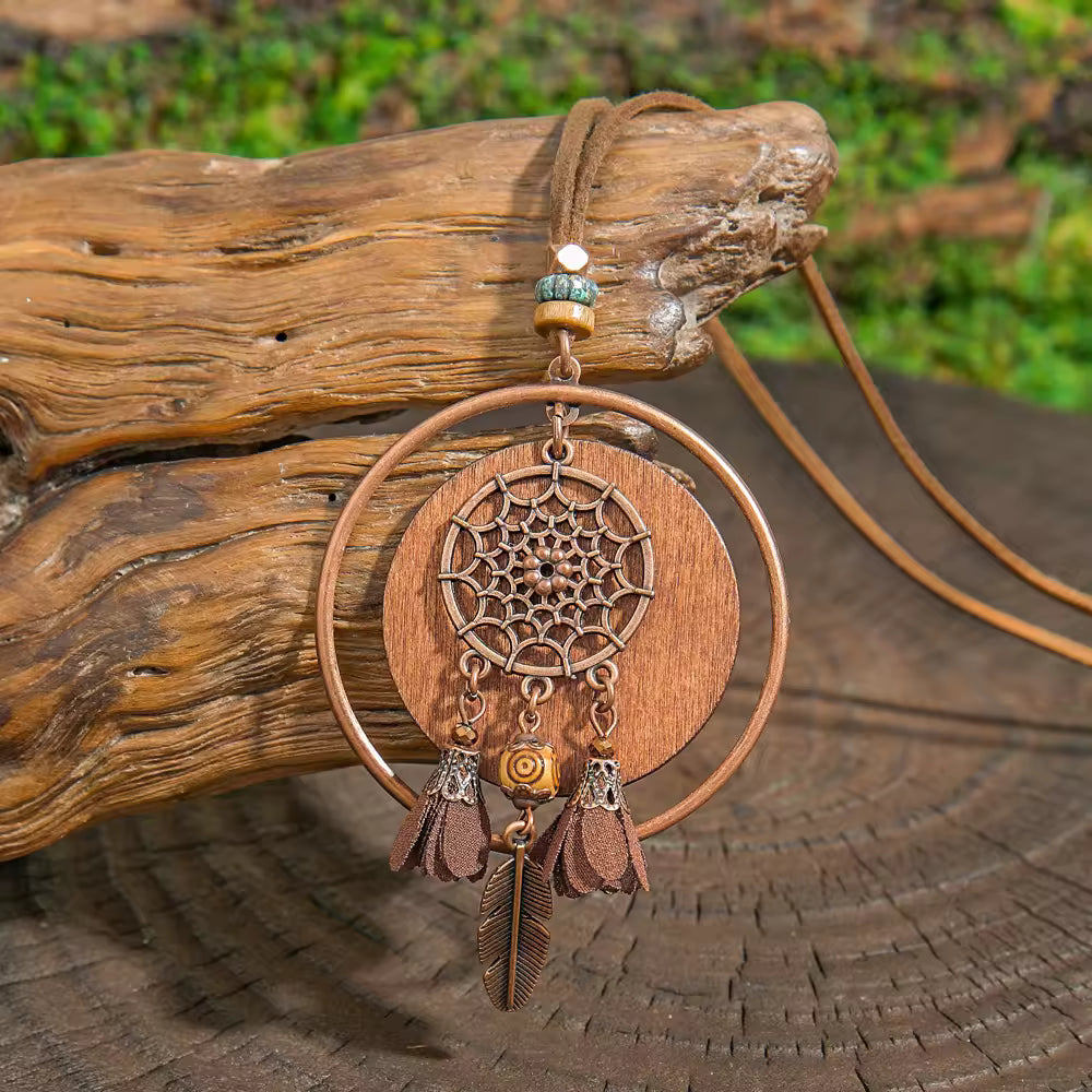 Wood Leather Metal Necklace