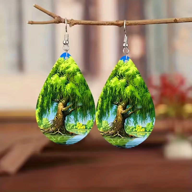 Tree Art Large Teardrop Earrings