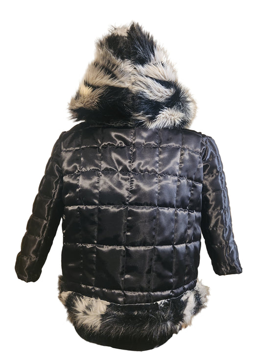 Size 8-10 Girls Black Satin Faux Fur Jacket