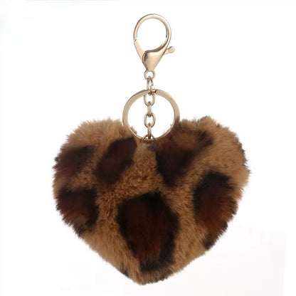 Faux Fur Animal Print Heart Keychain
