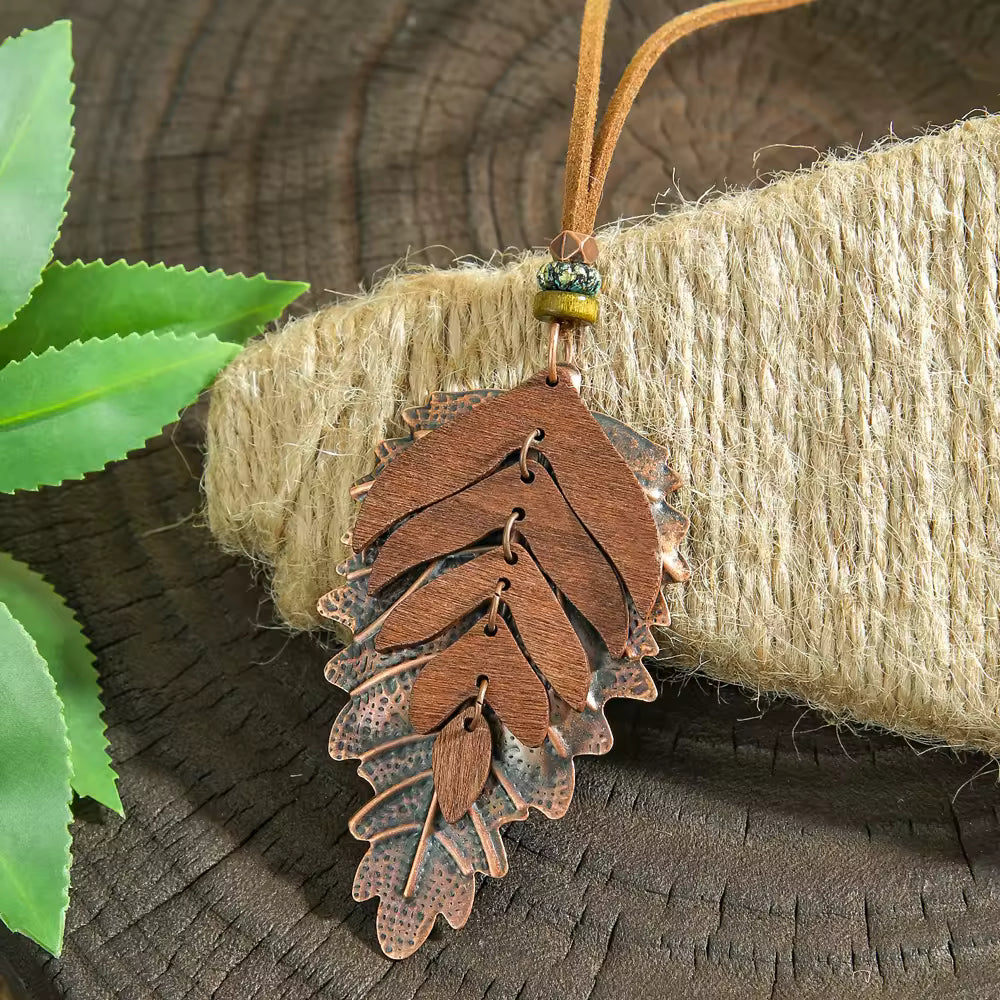 Wood Leather Metal Necklace