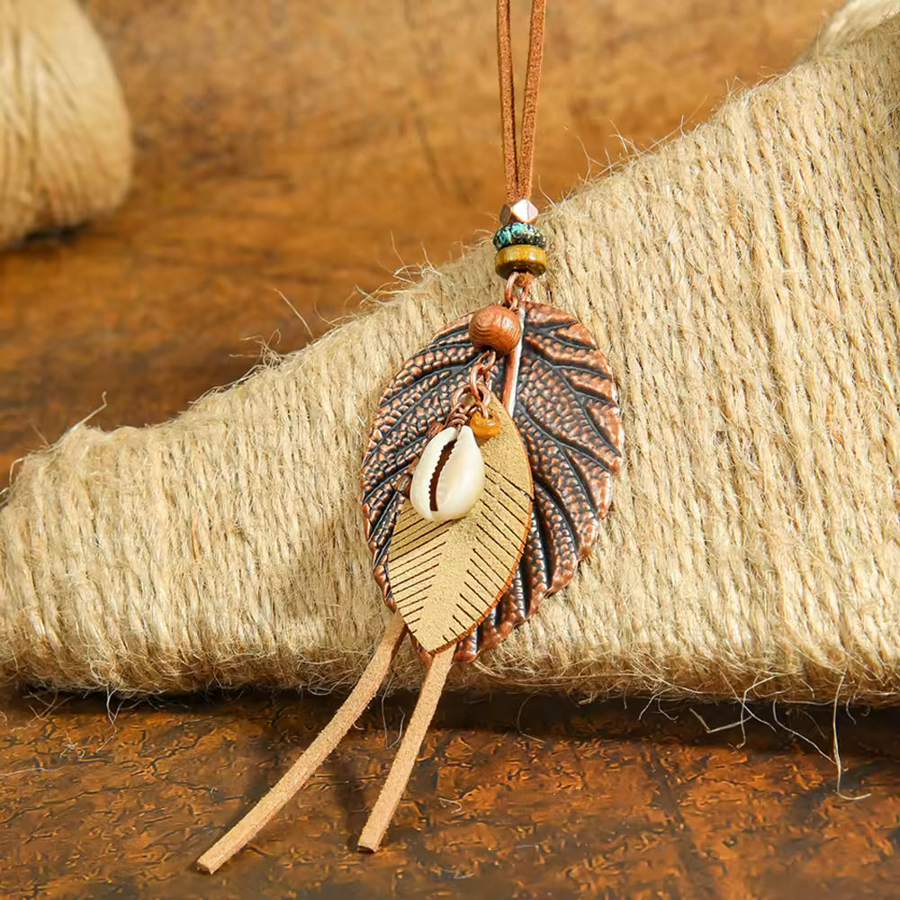 Wood Leather Metal Necklace