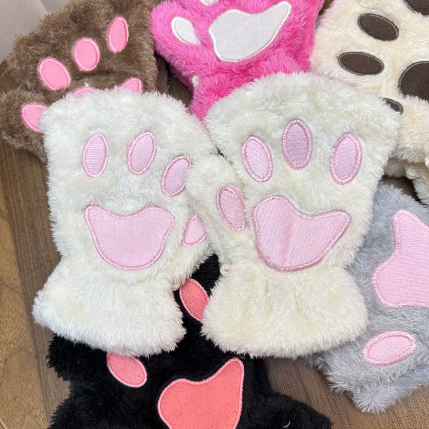 White and Pink Bear Paw Open Finger Mittens