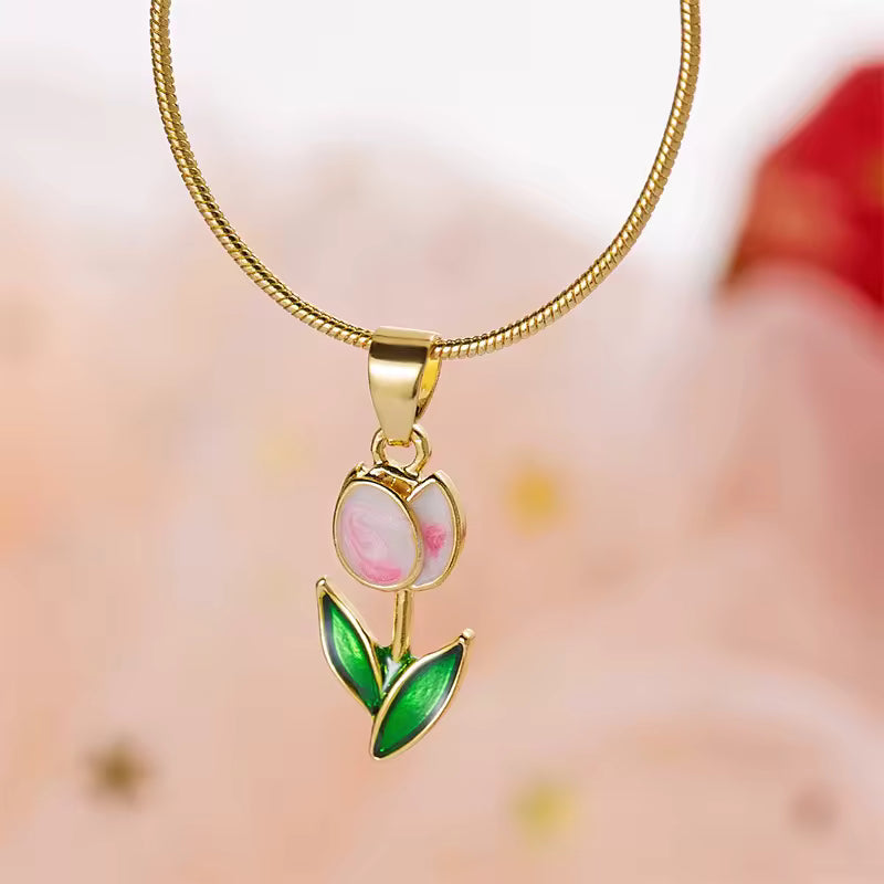 Enameled Tulip Gold Colored Necklace