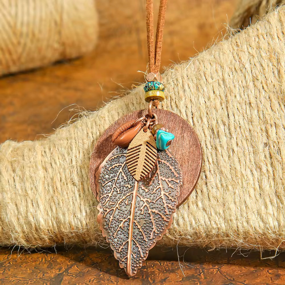 Wood Leather Metal Necklace