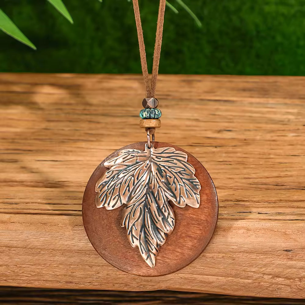 Wood Leather Metal Necklace