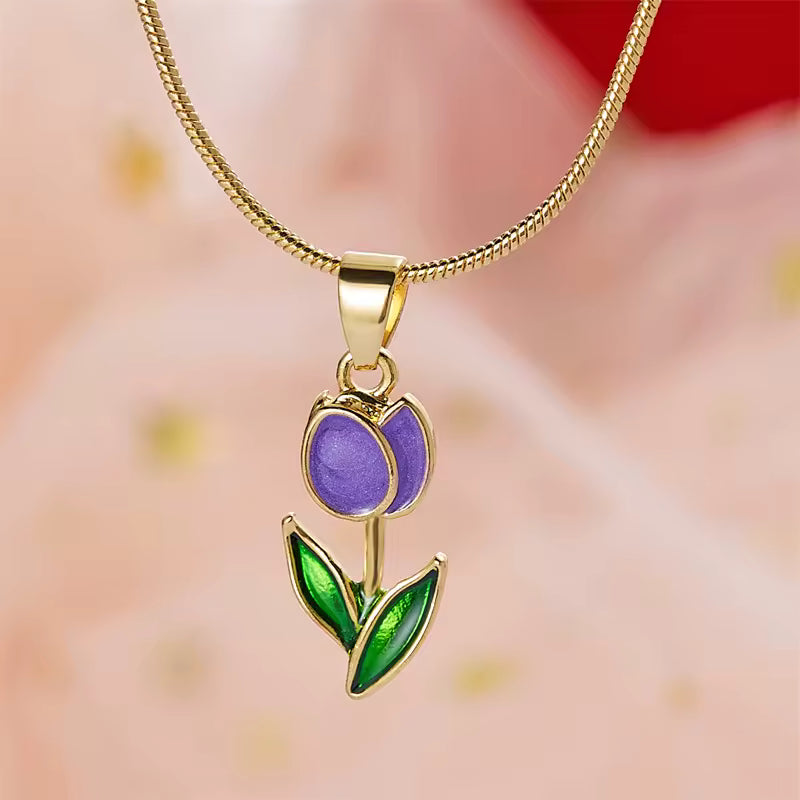 Enameled Tulip Gold Colored Necklace