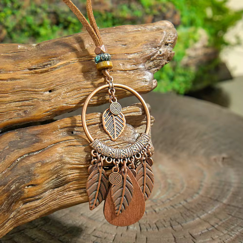 Wood Leather Metal Necklace
