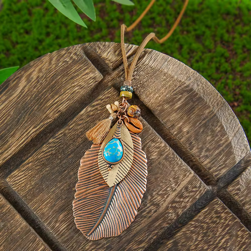 Wood Leather Metal Necklace