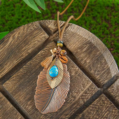 Wood Leather Metal Necklace