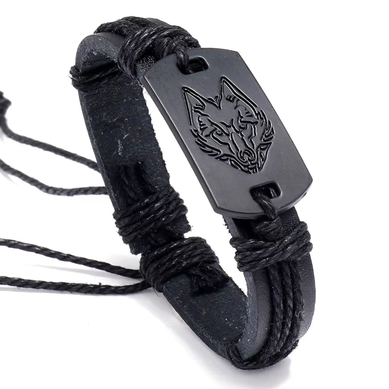Black Wolf Leather Bracelet
