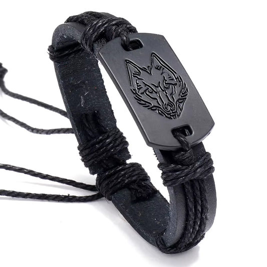 Black Wolf Leather Bracelet