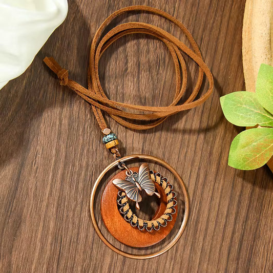 Wood Leather Metal Necklace