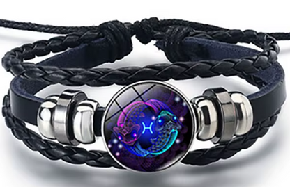 Braided Leather Horoscope Glow in the Dark Bracelets