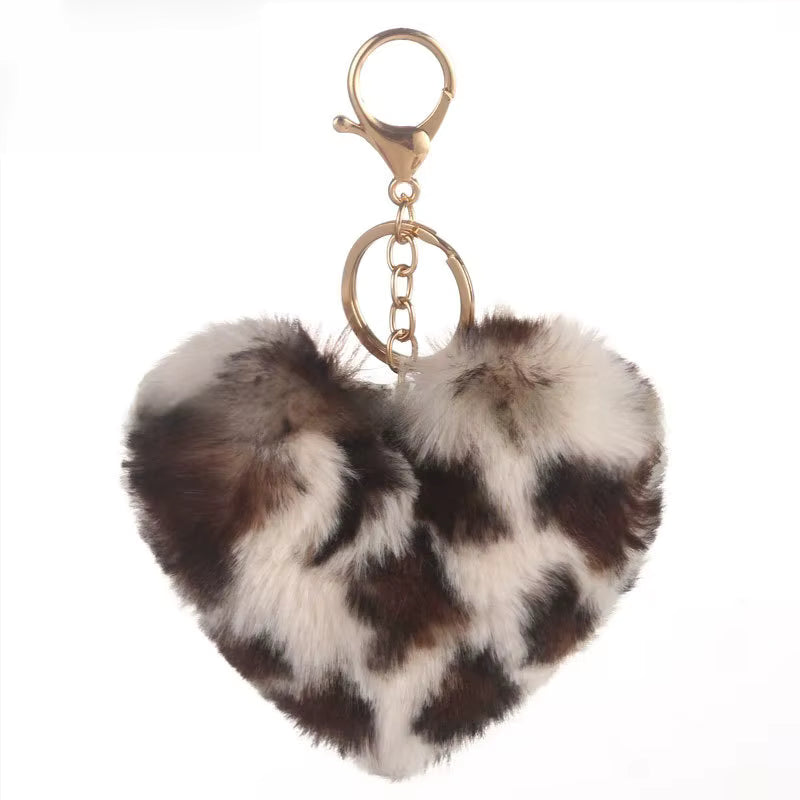 Faux Fur Animal Print Heart Keychain