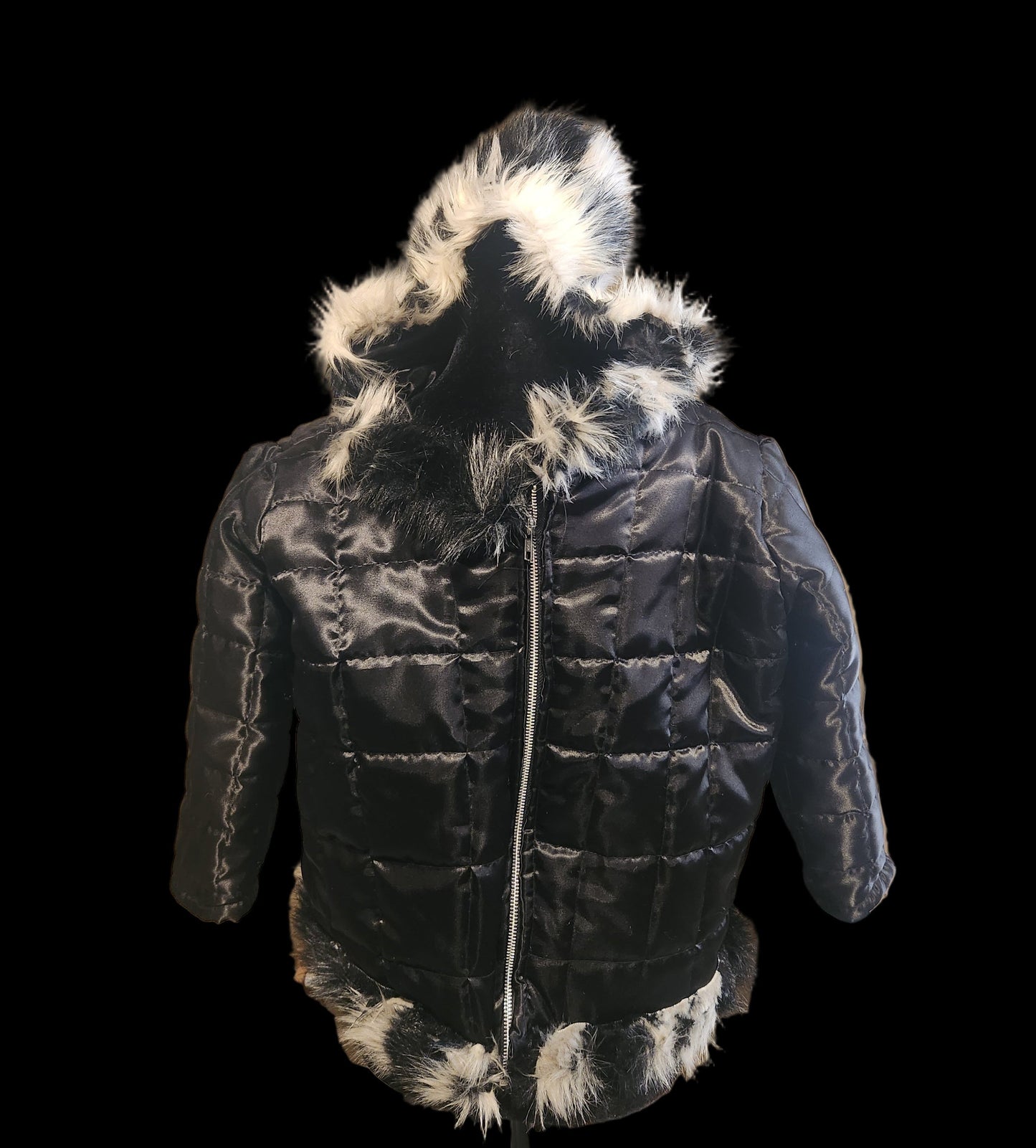 Size 8-10 Girls Black Satin Faux Fur Jacket