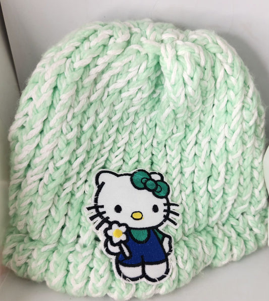 Green and White Kitty Hand Knitted Hat