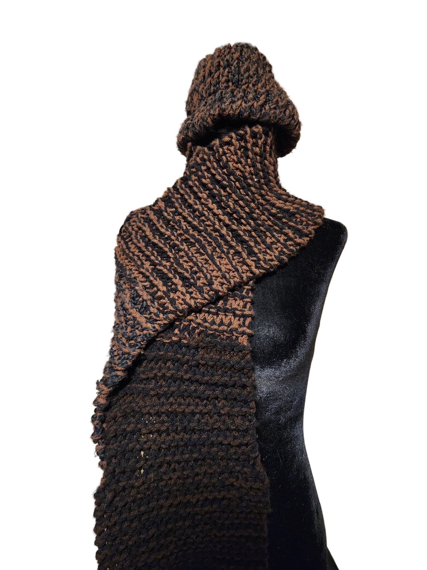 Hand Knit Brown Black Hat Scarf Set