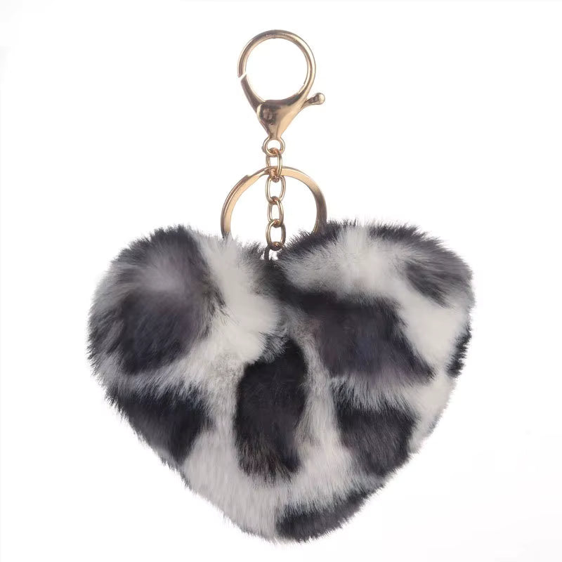 Faux Fur Animal Print Heart Keychain
